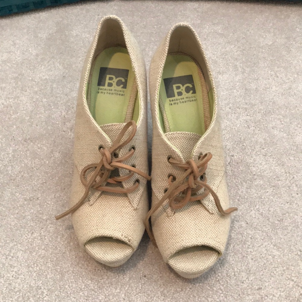 BC tan wedges. Cute peep toe lace up!